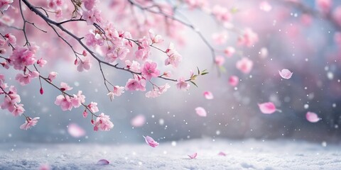 Soft pink sakura petals gently fall onto a snowy background, creating a serene and peaceful atmosphere