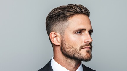 Hairstyle cut elegant concept. Stylish and Confident Man with Textured Hair and Subtle Fade Haircut