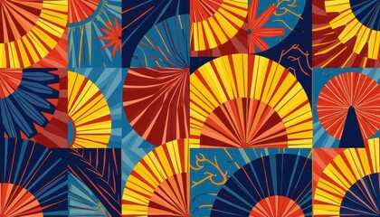 Fototapeta premium Vibrant Retro Painting: Sunburst Art in Red, Yellow, and Blue for Black History Month