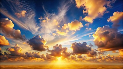 Fototapeta premium A serene landscape with a vast expanse of sky and fluffy white clouds, set against a warm golden sunset backdrop , scenery