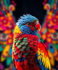 A vibrant and colorful parrot with intricate feather patterns set against a richly decorated background.

