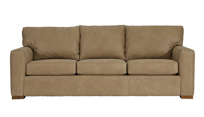 A  leather sofa in a minimalist design with wooden legs + clipping path. The sofa is isolated on a White background.