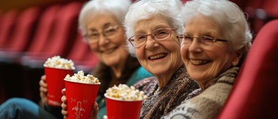 Seniors enjoying a movie night together, smiling with popcorn in hand, showcasing friendship and joy in a theater setting. Fun, entertainment, and community bonding experience.