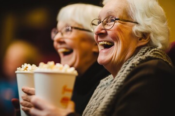 Seniors enjoying a movie night with popcorn, laughter, and shared moments in a cozy cinema setting, showcasing friendship and joy in entertainment experiences.