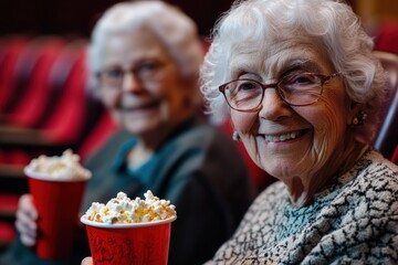 Seniors enjoying a movie theater outing with popcorn, smiling together in cozy seats, celebrating friendship and leisure time in a vibrant cinema atmosphere.