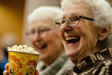 Seniors enjoying a movie together, smiling with popcorn in hand at a cinema, highlighting friendship, entertainment, and joyful moments in life.