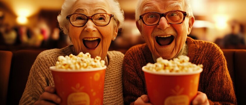 Seniors enjoying a movie night, smiling with popcorn at the cinema, sharing joyful moments and laughter, creating cherished memories in a cozy atmosphere. - Powered by Adobe