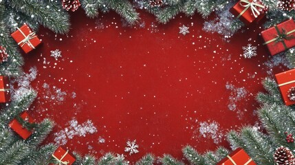 Merry Christmas Festive Background: Red Presents, Snow, and Evergreen Frame