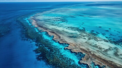 Obraz premium Azure Majesty: Aerial view of a coral reef in the crystal-clear, turquoise waters of a tropical ocean, a celebration of the marine ecosystem's vibrant colors and natural beauty.