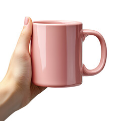 Obraz premium Elegant Pink Mug Held in Hand Isolated on transparent background