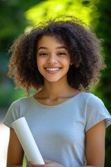 Smiling young woman holding rolled diploma in outdoor setting, celebrating academic achievement and joy after graduation. Education, youth, and success concept.