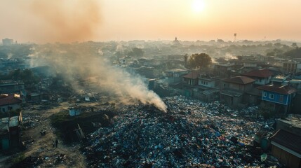 Fototapeta premium Grim Cityscape: An elevated shot captures the devastating effects of waste and pollution, with a dense city sprawled beneath a haze of smoke under the somber glow of the sun.