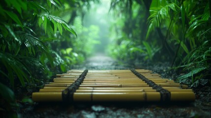 Bamboo walkway through a lush green rainforest