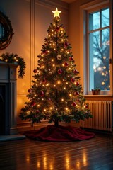 Glowing Christmas tree on wooden floor with ornaments and lights, festive, floor