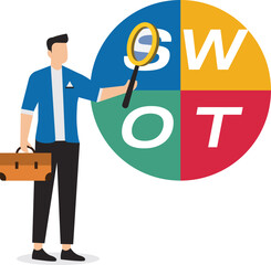 SWOT analysis, analyze strength, weakness, opportunity and threat to win market competition, improve product by SWOT matrix, benchmark or measurement, businessman magnify analyze SWOT business jigsaw