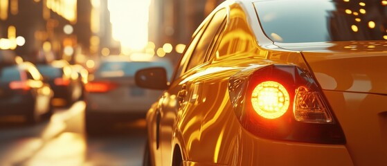 Taxi cab in busy city traffic during sunset, urban life and transportation concept with blurred...