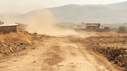 Fototapeta premium Dusty Road and Buildings: a dusty road leads toward simple buildings set against a backdrop of hills, with a haze of dust suggesting a dry and possibly remote location.