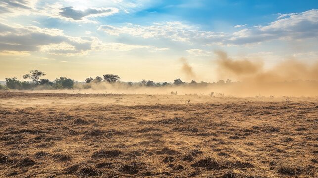 Dusty Plains: A vast and arid expanse of brown land stretches towards the horizon, where a haze of dust hangs in the air, with a dramatic sky featuring clouds.