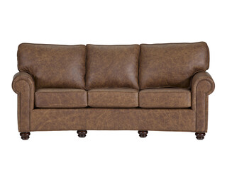 A  leather sofa in a minimalist design with wooden legs + clipping path. The sofa is isolated on a White background.