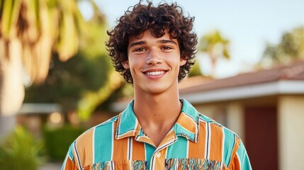 Hairstyle cut fashion concept. Cheerful Young Man with Curly Mullet Hairstyle in Casual Outdoor Setting