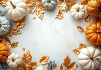 Autumn Harvest Festival Decor with Vibrant Pumpkins and Golden Leaves in a Circular Arrangement on a Soft Beige Background for Seasonal Celebrations