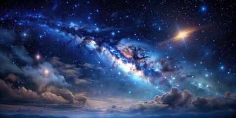 Naklejka premium Dark night sky with wispy clouds and twinkling stars , galaxy, night sky, galaxy, night sky, celestial bodies, universe