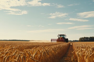 Obraz premium Tractor cutting wheat in vast golden field under clear blue sky, showcasing modern agriculture, harvest season, and rural farming technology in action.