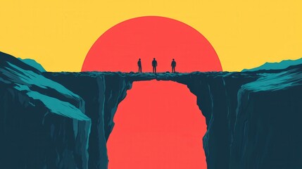 Silhouetted Figures Standing on a Bridge Against a Bold Sunset in a Vibrant Colorful Landscape