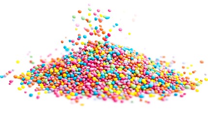 Fototapeta premium Rainbow Sprinkles Explosion: A vibrant burst of colorful sprinkles cascading onto a white background, creating a joyful and festive scene.