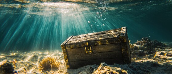 Treasure chest resting on the ocean floor with sun rays filtering through water, symbolizing adventure, exploration, and hidden riches in the sea.