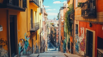 Fototapeta premium Colorful Street: Captivating cityscape featuring a vibrant street with colorful buildings, capturing the essence of urban charm and cultural richness.
