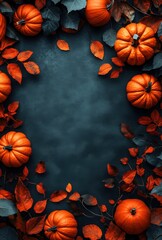 Autumn Harvest Scene with Vibrant Orange Pumpkins and Rich Red Leaves on Dark Background for Seasonal Decor and Artistic Inspiration