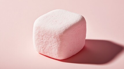 Close up of a pink marshmallow on a soft pastel background showcasing texture and shape