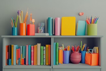 Fototapeta premium Colorful school supplies and books on shelves, organized study space, back to school