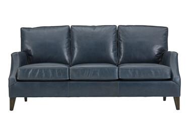 A  leather sofa in a minimalist design with wooden legs + clipping path. The sofa is isolated on a White background.