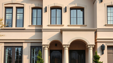 Fototapeta premium Elegant Home Exterior: Modern Architecture with Classic Columns and Archways. Luxury Real Estate, Residential Property, Stunning Facade Design.