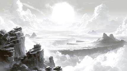 Obraz premium Majestic Monochromatic Landscape: A Serene High-Altitude View of Clouds and Mountains