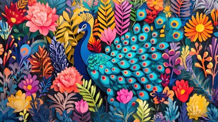 Vibrant peacock amidst colorful paper flowers and foliage.