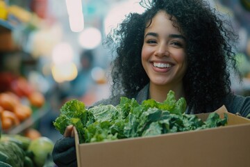 Woman holding a box of fresh greens and vegetables at a market, showcasing healthy eating, organic produce and local shopping for a sustainable lifestyle.