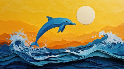 Leaping dolphin over ocean waves at sunset.