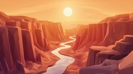 Low Poly Canyon River Landscape at Sunset with Orange Sky