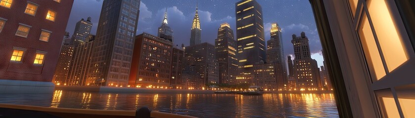 Obraz premium Night city skyline river view, boat ride, urban lights
