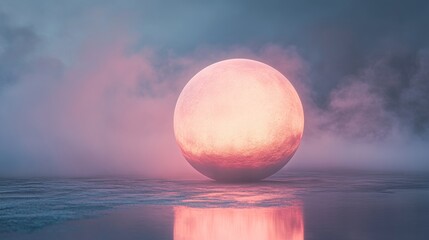 Glowing Orb Rests on Calm Waters Under a Misty Sky