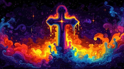 Cross with dripping edges in bright nebula with stars for web or print media.