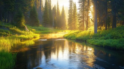 Obraz premium Sunrise over a calm river flowing through a lush evergreen forest.