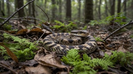 Fototapeta premium Coiled in the Underbrush Eurasian Viper Camouflaged in Forest Leaf Litter