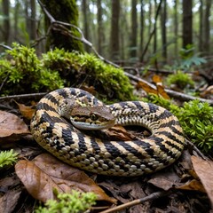 Fototapeta premium Eurasian Viper Camouflaged Among Forest Leaf Litter Coiled in the Underbrush