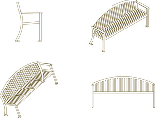 vector illustration design image of a classic vintage city park bench chair seen from various sides.