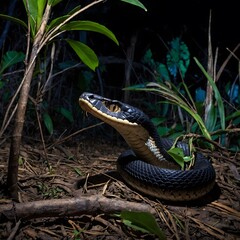 Fototapeta premium Lycodon Female Protecting Her Nest of Eggs in Secluded Forest Corner Amidst Leaves