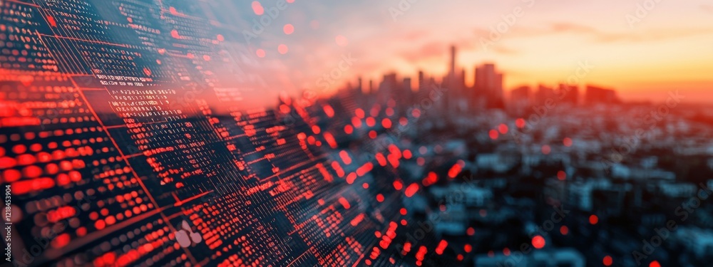Poster digital data visualization with red binary code over city skyline during sunset